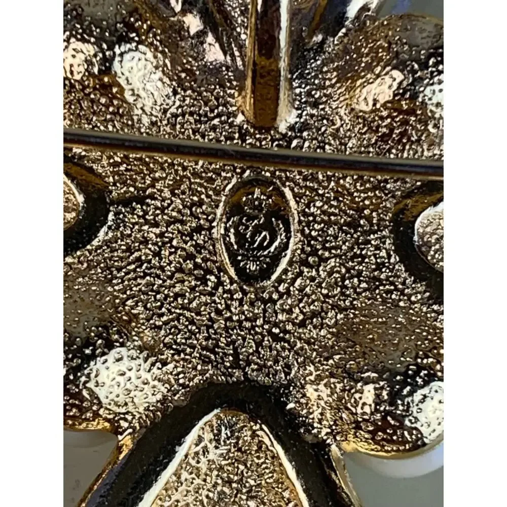 Maltese Cross Brooch Gold Black Pearl Rhinestone Statement Pin Old Money